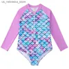 One-Pieces European and American style mermaid swimsuit baby swimsuit long sleeved one piece swimsuit hot spring fish scale childrens swimsuit 4-12Y Q240418