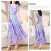 Party Dresses Summer Boho Chiffon Beach Long Dress Women Elegant Flower Print Short Sleeve High midje Purple Evening Maxi