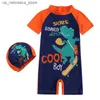 One-Pieces 2024 toddler boys and girls swimwear with hats summer swimwear for children diving beach suit integrated UV baby shower suit Q240418