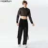 Men's Tracksuits 2024 Men Sets Mesh Patchwork Tassel Shiny Long Sleeve Crop Tops & Irregular Skirts 2PCS Transparent Streetwear Suits