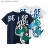 Camisetas 2024 Verão Novos crianças Manga curta Tops de algodão Dinosaur Roupas de garotos Moda O-Gobes Childrens T-shirts Q240418