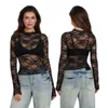 Camisetas para mujeres Heziowyun Vintage Sexy High Mock Cuello Floral Tops Manga larga Medición, aunque es una blusa de ajuste delgado.