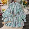 カジュアルドレスAyualin Floral Print Summer Spring Boho Lace Up Mini Vestidos Vintage Lantern Sleeve Loose Dress for Women Party