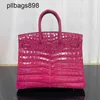 Handmade 7a Handbag Bikns Genuine Leather Arch Pearl Crocodile Skin Rose Red 25CM Gold Button Handheld Womens78UW