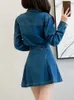 Robes décontractées vintage mince jean mini robe femme 2024 col de retein à manches longues hautes taies courtes femelles de mode coréenne