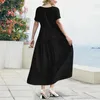 Sukienki swobodne elegancka stała kolorowa sukienka Letnia krótkie rękaw O Vintage Harajuku bawełniany lniana wygodna luźna kieszeń długa
