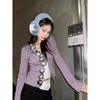 Tricots de tricots coréens Silver 3D Flower Slim Fit Slim Top Cardigans Gentle V-Neck Knit Purple Flare Sleeve Sweater