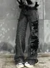 Jeans feminino preto cinza Grande bolso de bolso vintage Garota legal Cantura alta calça de perna larga Feminina calça de jeans reta casual