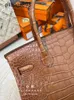 Handmade 7a Handbag Bikns Genuine Leather Misty Crocodile BK30 Uncle Wax Thread Gold BrownLQKR