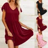 Casual Dresses Loose Women's Plain Summer Dress V Neck Ruffle Kne Längd Kort ärm Fancy Shirts For Women