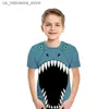 T-shirts 2023 Childrens T-shirts Meninos e meninas Childrens Dinosaur Shirts Childrens Cartoon T-shirts Top Top Modyable Shorts Q240418