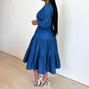 Casual Dresses Women Big Swing Dress Solid Color Elegant A-line Midi With Puff Sleeves Belted Waist Soft Patchwork Pleats For