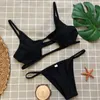 Dames geribbeld uitgehakte bikini set string badmode sexy Braziliaanse string tweedelige zwempakken 240416