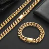 High Quality 18K Yellow Gold Plated Stainless Steel Miami Cuban Chain Necklace Bracelet Links for Men Women Punk Jewelry281b