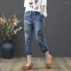 Jeans femminile da ricamo vintage cartone animato y2k baggy harem vaqueros elastico ad alta vita ad alta vita da jogger caviglia pantaloni in denim