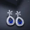 Pendientes colgantes tres gracios Fashion Red Cubic Zirconia Color plateado Big Flower Drop For Women Daily Party Disfrazy E1874