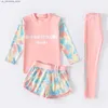 One-Pieces 3pcs childrens and girls colorful printed swimsuit with long sleeved top and shorts pants set sun protection Rush protective swimsuit Q240418