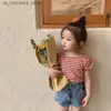 T-shirty 2024 Summer New Girl Baby Stripe T-shirt TOWN BAK BELLESS Puff Tleeve Tree Preschool Children T-shirt Q240418