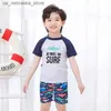 Endelar 2024 Summer Childrens Beach Set T-shirt+Shorts Unisex Boys and Girls Two Piece badkläder barns söta surfingdräkt tecknad tryckt badkläder Q240418