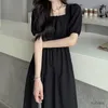 Basic Casual Dresses HOUZHOU Black Vintage Midi Dress Elegant Women Dresses Square Collar Puff Sleeve Oversized Loose Casual Sundress Female Robe