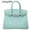 Designer Handmade 7a Handbag Bikns Genuine Leather Matte high-end crocodile skin belly half honey wax thread 30 with leather mint green02HP