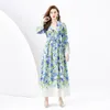 Designer Casual Party Floral Maxi Dress V-neck Long Sleeve Women Printed Cardigan Shirt Dresses Runway Elegant Belt A-line Beach Resort Cocktail Robes Clothes 2024