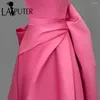 Party Dresses Plain Pink Satin Girl Prom Strapless A Line Long Evening Gown Ruched Back Detachable Big Bow Knot Cute Celebrity Dress