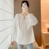Dresses Korean Style Autumn Maternity Shirts Long Sleeve Hollowed Out Collar Pregnant Woman Cotton Blouses Plus Size Pregnancy Clothes