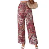 Women's Pants Casual Boho Beach Vacation Women Fashion Print Loose Lace Up Office Lady Wide Leg Female Elastic Waist Pant Sunmmer