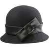 Berets Vintage Black Lool en feutre chapeau femmes Bowler Fedora Wide Brim Winter HATS HAPPY BOWKNOT CLOCHE CAP FORMEL
