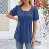 Kvinnors T -skjortor Kvinnor Fashion Casual Shirt Solid Color Round Neck Pleated Slim Short Sleeped Stretch Top Summer Elegant Ladies Bluses