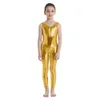 Bühnenbekleidung Kinder Mädchen glänzende Metallic Gymnastic Lotard Ballet Bodysuit Ein Stück ärmellose Ganzkörperanzug Einheit Jumpsuit für Eislauf