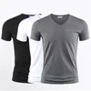 2024 MENS T-shirt Pure Color V Collar Kort ärm Toppar Tees Men t-shirt Black Tights Man T-shirts Fitness för manliga kläder 240408