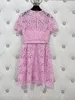 Designer Dress 2024 New Sakura Pink Lace Short Sleeves Round Neck High end Style Dress Beautiful Waist Wrap