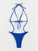 Kvinnors badkläder Luxury Rhinestone One Piece Swimsuit Women Sexig Blue Hollow Out Backless Diamond Thong Bikini 2024 Beach Bathing Suit