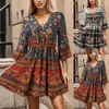 Casual Dresses Women Loose Vintage V Neck Floral Print Mini Dress Ladies Bohemian Beach Seven Quarter Flare Sleeve