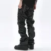 Hip Hop Mens Pleted PU Skórzane spodnie Harajuku retro streetwear luźne ruche swobodne spodnie proste solidne kolory czarne spodnie 240417
