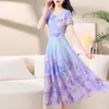 Party Dresses Summer Boho Chiffon Beach Long Dress Women Elegant Flower Print Short Sleeve High midje Purple Evening Maxi