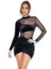 Casual Dresses 2024 Elegant Party Velvet Dress Women O-Neck Long Sleeve Sexy Mesh See Through Bodycon Woman Ruched Robes Vestidos