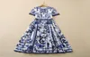 2022 Summer Fall Short Sleeve Round Neck Blue Paisley Print Cotton Panelled MidCalf Dress Elegant Casual Dresses 22Q1923156913709