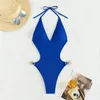 Kvinnors badkläder Luxury Rhinestone One Piece Swimsuit Women Sexig Blue Hollow Out Backless Diamond Thong Bikini 2024 Beach Bathing Suit