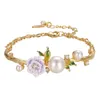 Bangle Original Design Emamel Glaze Fresh and Sweet Purple Rose Blossom Crystal Pearl Armband