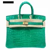 Handmade 7a Handbag Bikns Genuine Leather Green High gloss Crocodile Skin 25CM Womens Handheld with Bright Face WomensAWYT