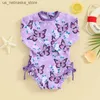 One-Pieces Baby Clothing Girl Swimsuit à manches longues Floral Butfly Print Bow Summer Swimsuit Q240418