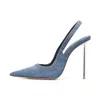 2024 Nieuwe stijl Vrouwen kledingschoenen patent schapenvacht leer stiletto metalen hakken plundering tenen puntige buitenaardse hiel denim Jean Party Elastic Band Big Size 34-45