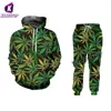 Herrspårsdukter Kaseetop Casual Streetwear Hoodies and Pants Green Leaf 3D 2-Piece Set Hoodie Pullovers Men/Women Tracksuit Plus