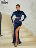 Casual Dresses Yesexy 2024 Blue Cutout Round Neck Long Sleeved Velvet Split Evening Wedding Birthday Party Dress