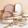 Plates Plates Quality White And Pink With Gold Inlay Plate Set Dinner Tray Ceramic Dishes Kit Salad Bowl Porcelain Dinnerware