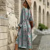 Casual Dresses Autumn Women Elegant Long Dress Fashion Print V Neck Puff Sleeve Streetwear Bohemian A-Line Slit Midi Vestidos Ropa Mujer