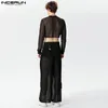 Men's Tracksuits 2024 Men Sets Mesh Patchwork Tassel Shiny Long Sleeve Crop Tops & Irregular Skirts 2PCS Transparent Streetwear Suits